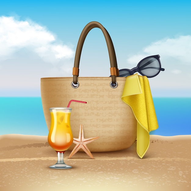 Vector illustration of cocktail and women's handbag on the beach.  on landscape background.