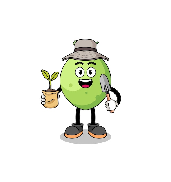 Illustration of coconut cartoon holding a plant seed