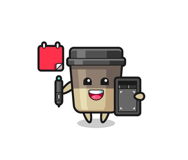 Illustration of coffee cup mascot as a graphic designer