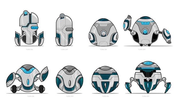illustration of a collection of cute robot objects with different shapes such as ovals and rounds