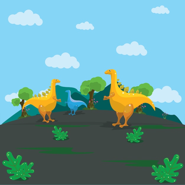 Illustration of a collection of dinosaurs gathered, with a background of mountains 