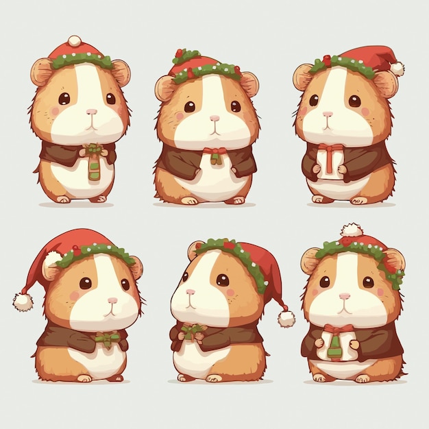 Illustration collection of Guinea Pig in different poses wearing Santa hat. Christmas elements