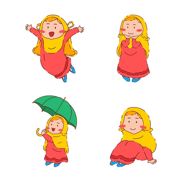ヒジャーブを身に着けているイスラム教徒の女の子のキャラクターのイラストコレクション