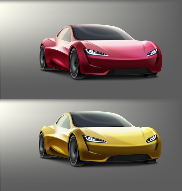 Illustration of colored supercars design. isolated, presentation side view