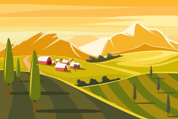 Illustrazione del pittoresco paesaggio di campagna