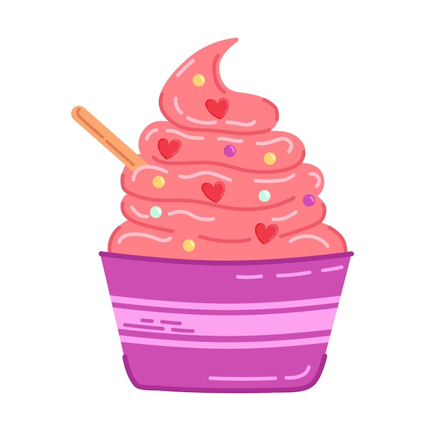 Иллюстрация красочного мороженого с милыми сердечками в чашке Векторное ручное рисование мороженого Иллюстрации холодных десертов