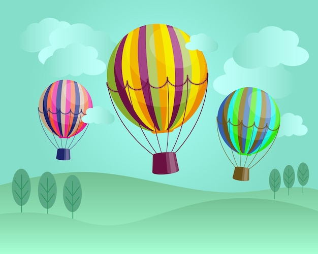 Illustration colorful striped balloons on the background of a landscape with trees and clouds