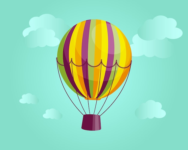 Illustration colorful striped hot air balloon on the background of a landscape with clouds