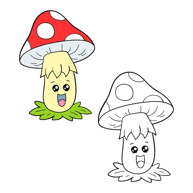 Иллюстрация раскраски страницы мультяшного гриба с примером для детей и альбомом для вырезок