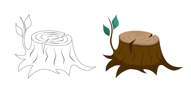 Illustration for coloring page on theme of summer and travel Tree stump in twig and leaves Vector