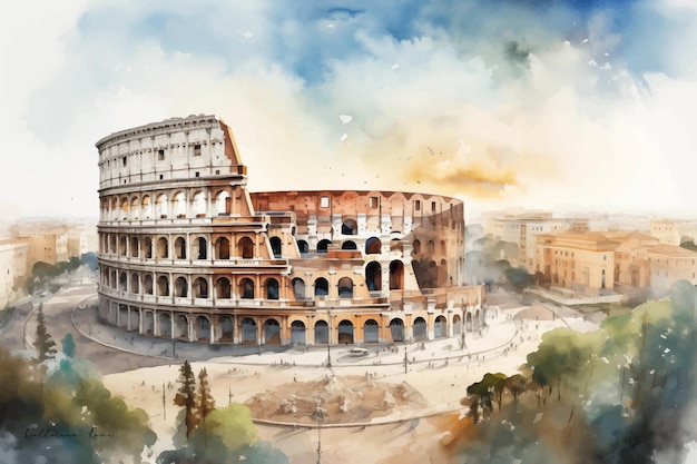 Illustration of colosseum in watercolor style