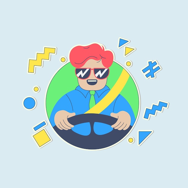 Vector illustration of a colourful character driving a car with patterns