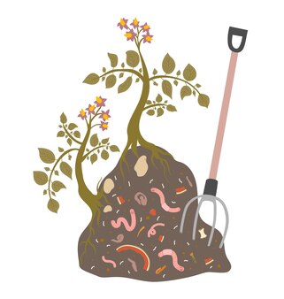 Illustrazione del mucchio di compost con cespugli di patate forcone vermi rossi avanzi di cibo