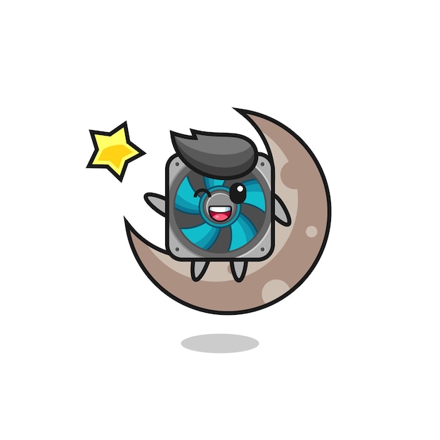 Illustration of computer fan cartoon sitting on the half moon