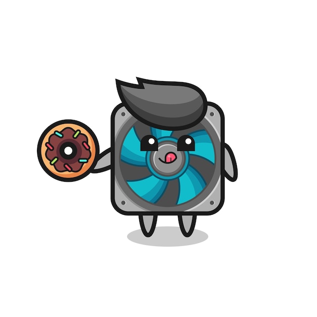 Illustration of an computer fan character eating a doughnut