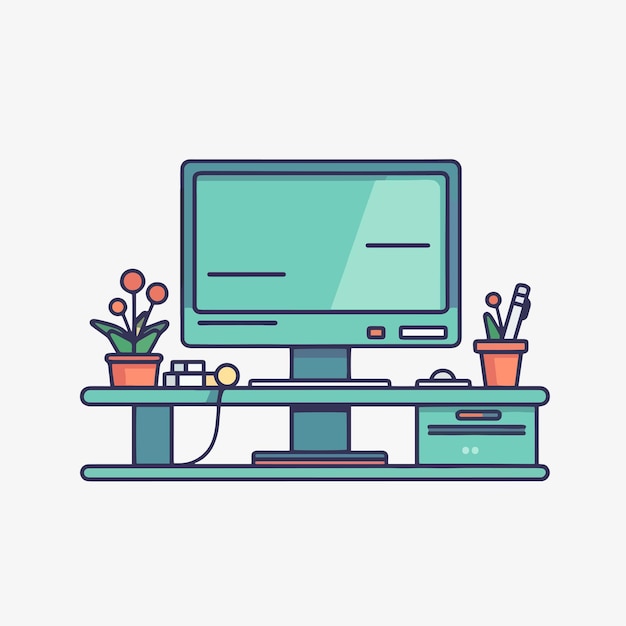 Illustration of computer vector cartoon icons desk setup for work business study earning income