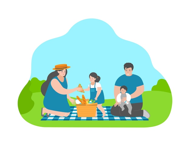 Concetto di illustrazione sul picnic. famiglia del fumetto. la madre dà il panino alla figlia. il padre si siede con il piccolo bambino sulle mani