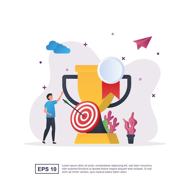 Vector illustration concept of achievement with big trophies and targets.