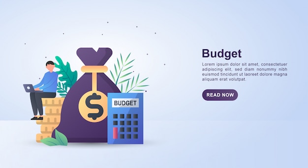 Illustration concept of budget with people sitting on coins and calculator.