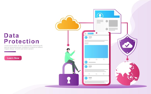 Vettore concetto di illustrazione di protezione cloud e sicurezza dei dati per gli utenti dei social media in tutto il mondo.