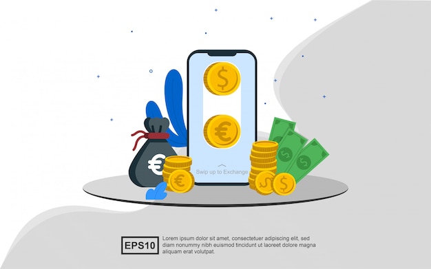 illustration concept of currency exchange with use smartphone