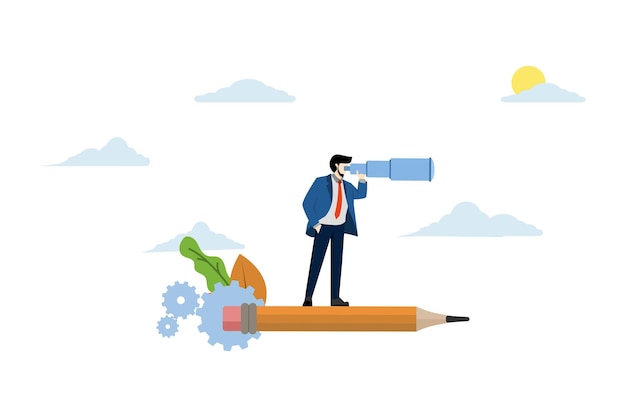 Vector illustration of the concept of a designer man flying astride a pencil and looking for creative ideas