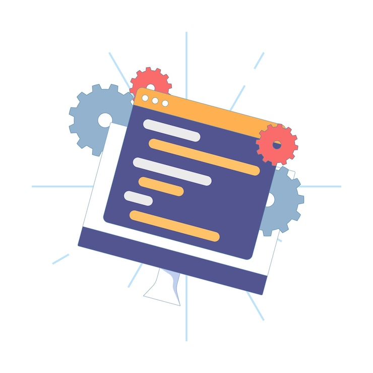 Vector illustration of concept of developer and programmer with application window or programming software