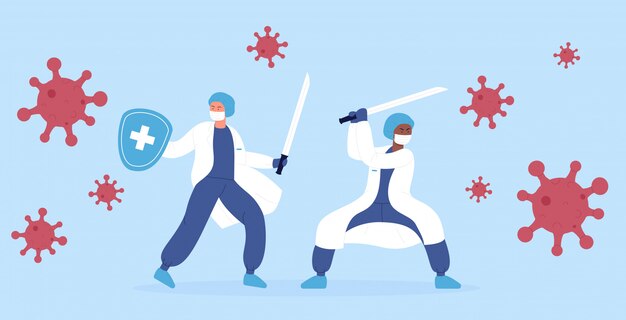 Vettore concetto di illustrazione. medici professionisti sanitari team ninja che combattono con la pandemia di mostri coronavirus usando la spada di katana.