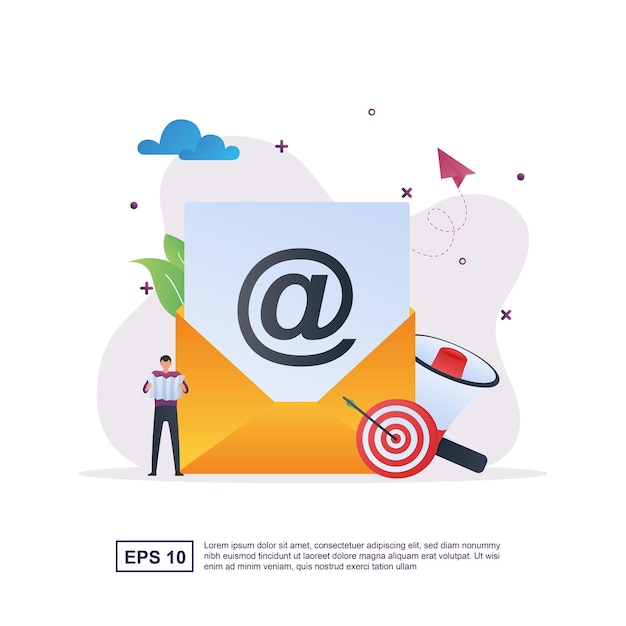 Concetto di illustrazione di marketing e-mail con obiettivo dan megafono.