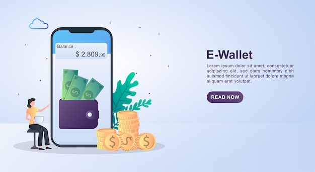 Illustration concept of e-wallet with a wallet filled with money on the screen and coins.