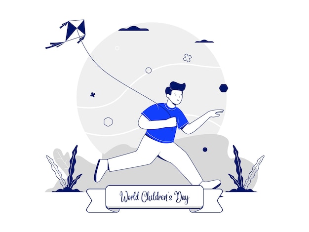 ベクトル 男の子のキャラクターが走りながら凧を弾く世界こどもの日のイラストコンセプト