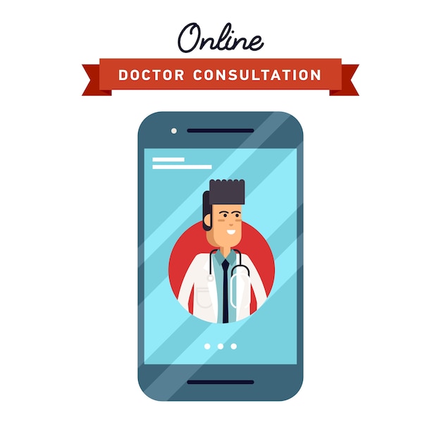 Illustration of concept of form design mobile phone with male medical assistance and doctor