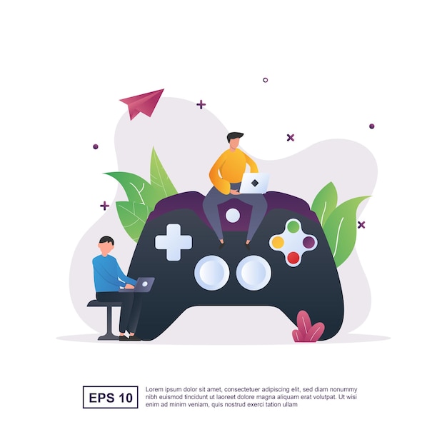 ノートパソコンでゲームをしている人とゲーマーのイラストの概念。