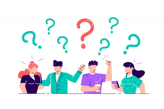 Illustration. concept illustration of people frequently asked questions around question marks. answer to question metaphor -  . flat style  illustration for web page, social media.