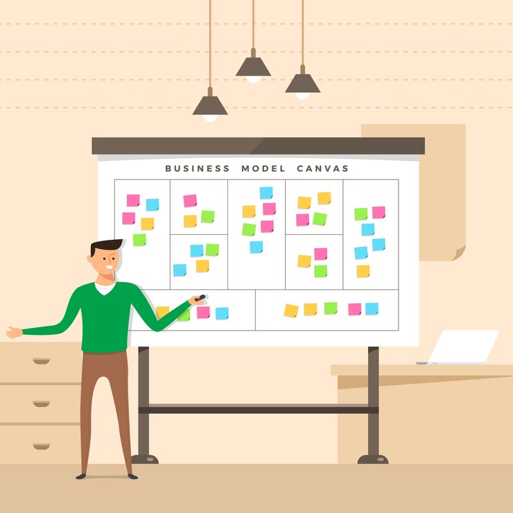 Vector illustration concept the man present with whiteboard business model canvas.  illustrate.
