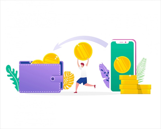 illustration concept of money transfer with wallet and smartphone with people flat character