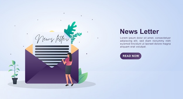 Vector illustration concept of newsletter with people who are reading.