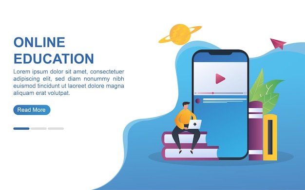 벡터 노트북에서 비디오를 통해 학습하는 사람들과 온라인 교육의 그림 개념.
