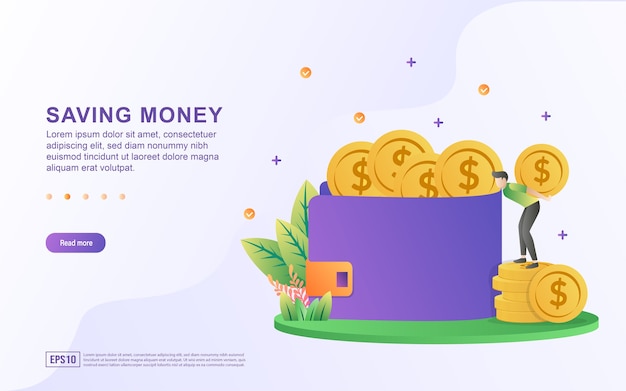 Illustration concept of saving money and put it in the box for banner