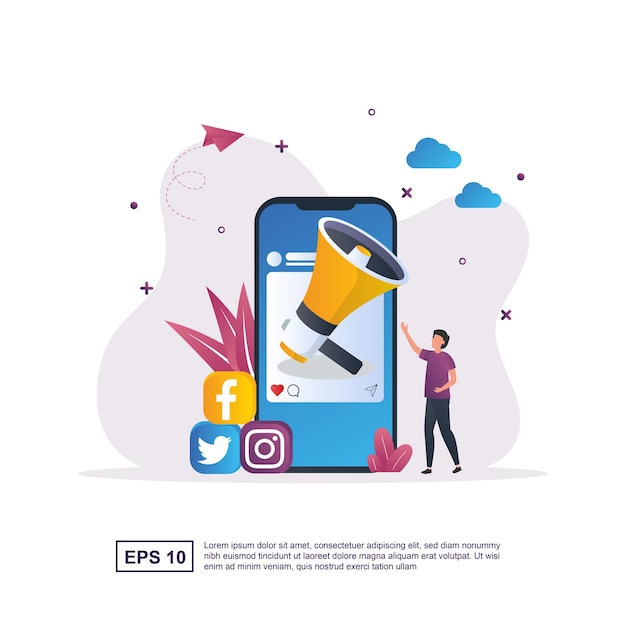 Vector illustration concept of social media marketing with a large megaphone on the screen.