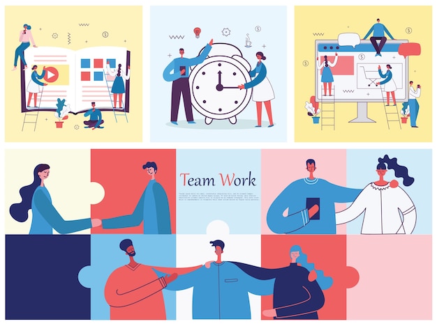 Illustrazione del concetto di lavoro di squadra, affari e illustrazione di avvio in design piatto