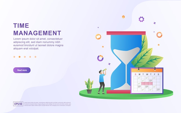 Illustration concept of time management with a large hourglass and calendar.