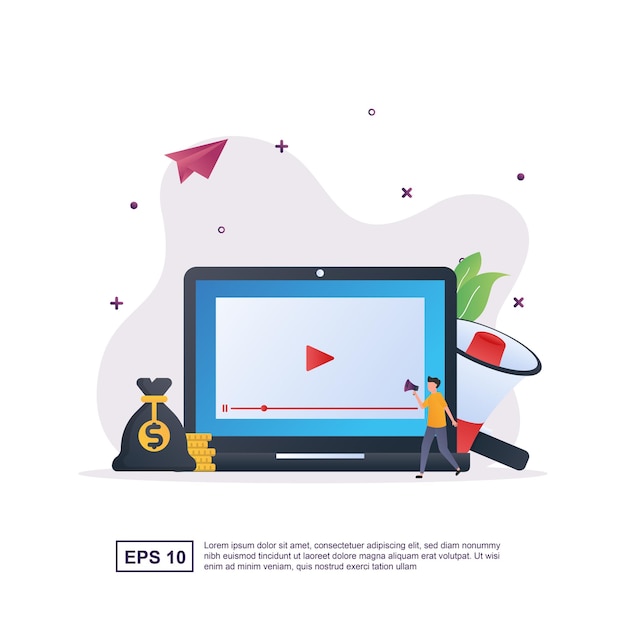 Vector illustration concept of video marketing with a money bag and megaphone.