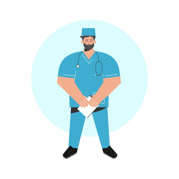  illustration concept with doctor holding board folder for notes. He is in blue medical uniform