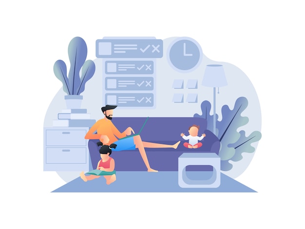 Illustration concepts about working from home with family