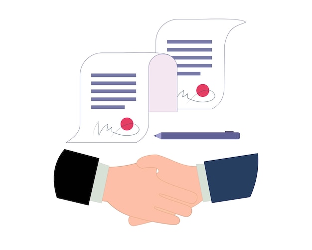 Иллюстрация заключения деловых контрактов. два бизнесмена пожимают друг другу руки. бизнес сделка