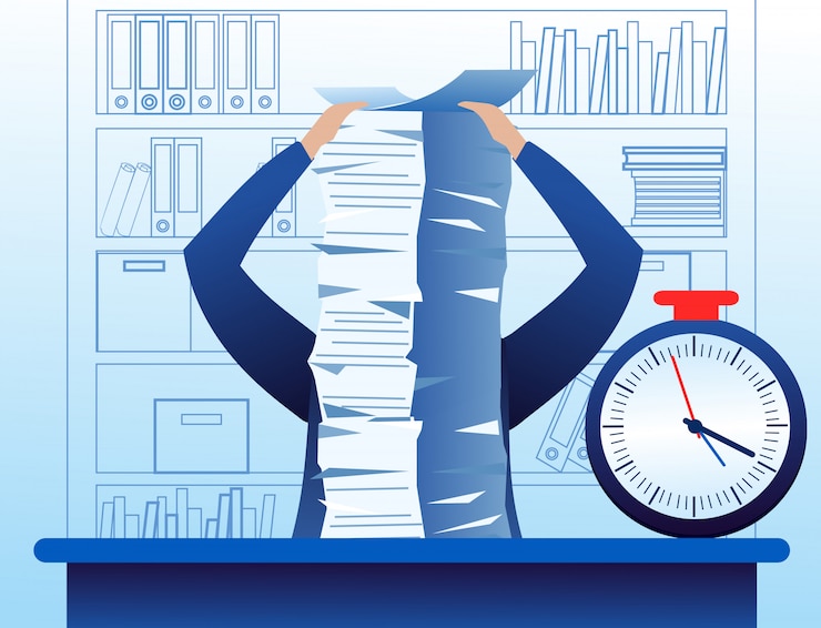 Vector  illustration of confuse and busy businessman with a lot of work to do, lot of papers on the table. stress situation business concept in flat cartoon style.