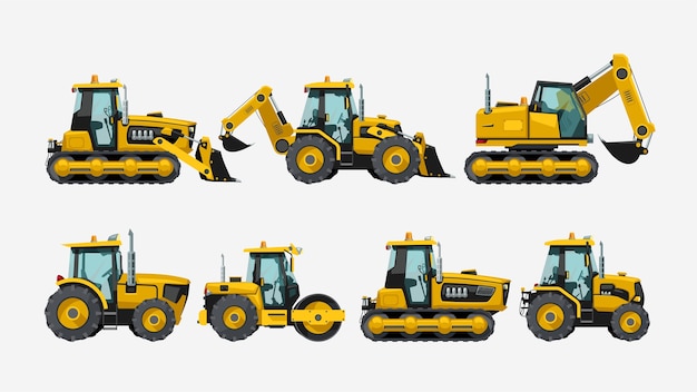Vector illustration of construction tractors vehicles yellow color set realistic isolated on white