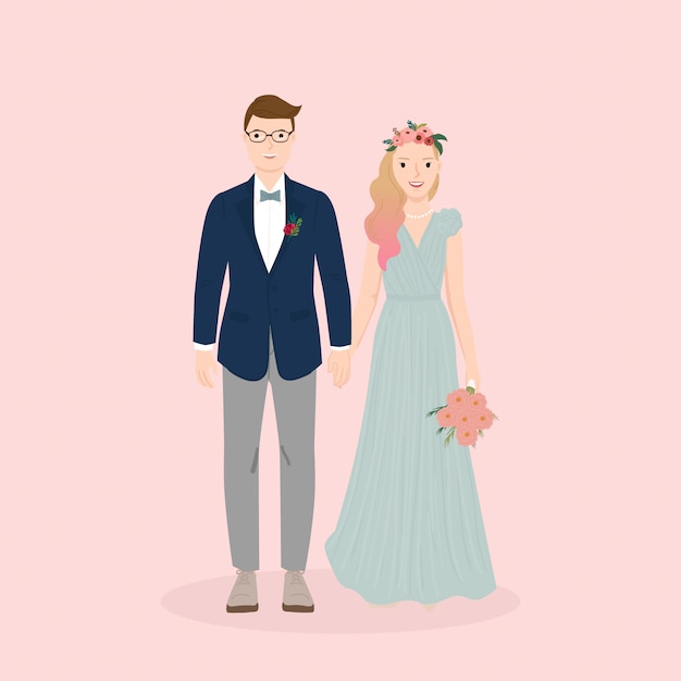 illustration of couple bride and groom for wedding invitation card, poster, art print, gift.