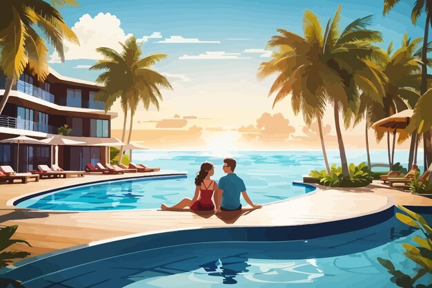 illustration couple enjoying the pool at a resort pool